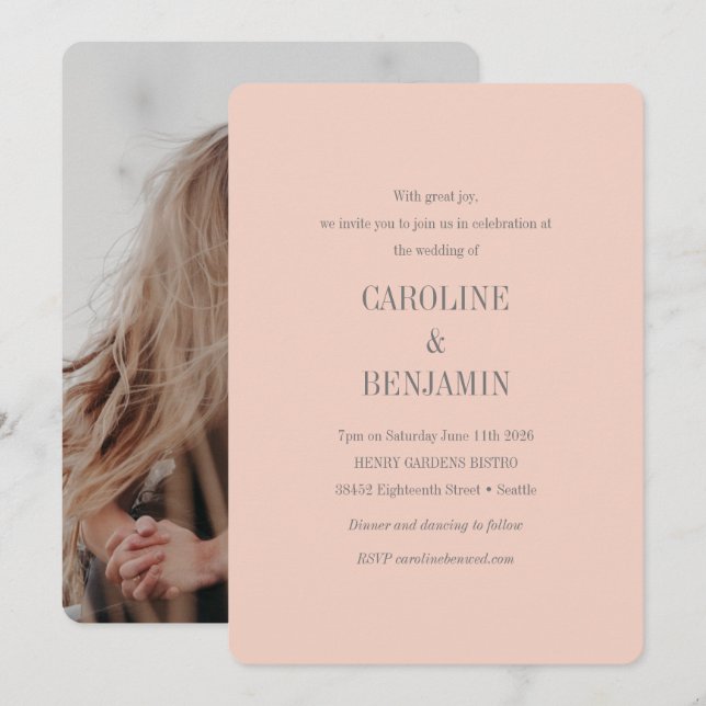 Elegante Moderne Blush Gray Foto Wedding Einladung (Vorne/Hinten)