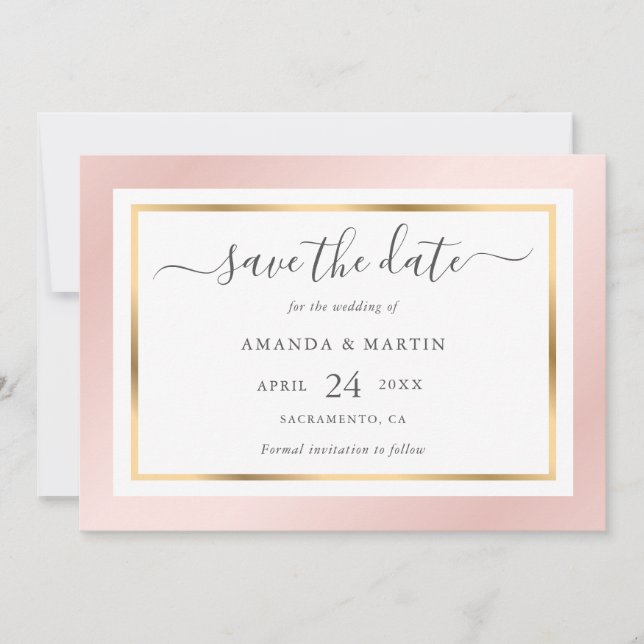 Elegante Moderne Blush Pink und Gold Hochzeit Save The Date (Vorderseite)
