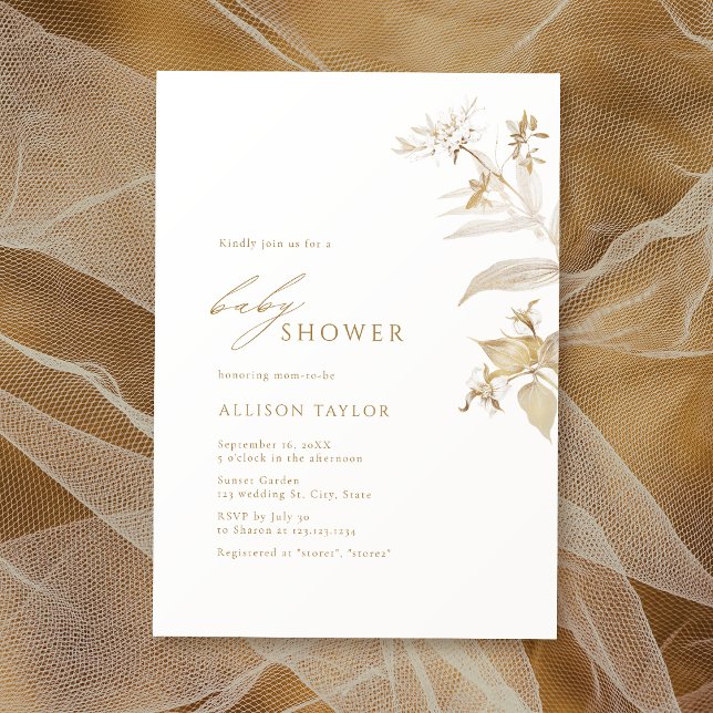 Elegante moderne botanische Baby-Dusche aus Gold Einladung (Elegant Modern Gold Botanical Floral Baby Shower Invitation)