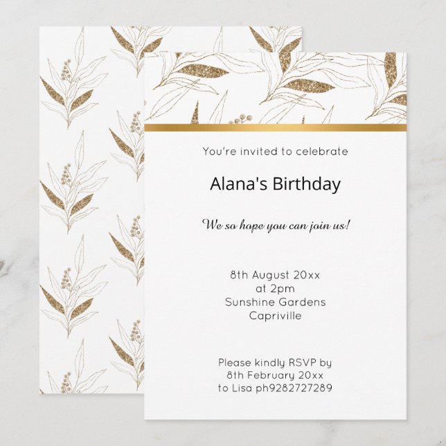 ELEGANTE MODERNE BOTANISCHE GOLD 2 INVITATION EINLADUNG (Vorne/Hinten)