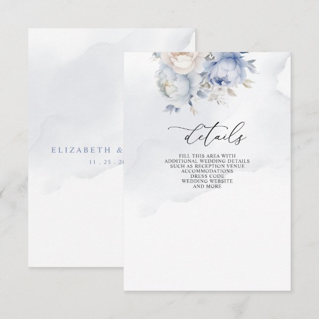 Elegante Moderne Botanische Hochzeit der Blauen Fl Begleitkarte (Vorne/Hinten)