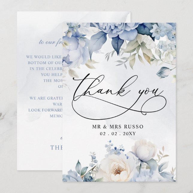Elegante Moderne Botanische Hochzeit der Blauen Fl Dankeskarte (Vorne/Hinten)