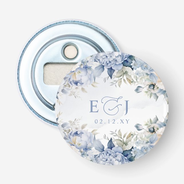 Elegante Moderne Botanische Hochzeit der Blauen Fl Flaschenöffner (Vorderseite)