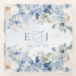Elegante Moderne Botanische Hochzeit der Blauen Fl Glasuntersetzer
