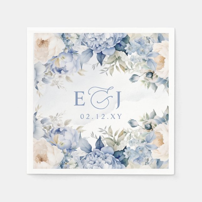 Elegante Moderne Botanische Hochzeit der Blauen Fl Serviette (Vorderseite)