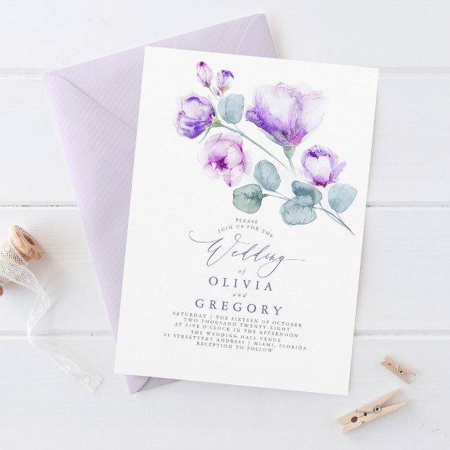 Elegante Moderne Botanische Hochzeit Lila Blumen Einladung (Elegant Purple Flowers Wedding Invitation)