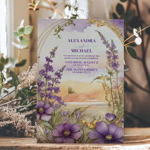 Elegante Moderne Botanische Hochzeit Lila Blumen Einladung