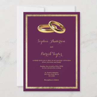 Elegante moderne burgunderrote goldene Ringe Hochz Einladung