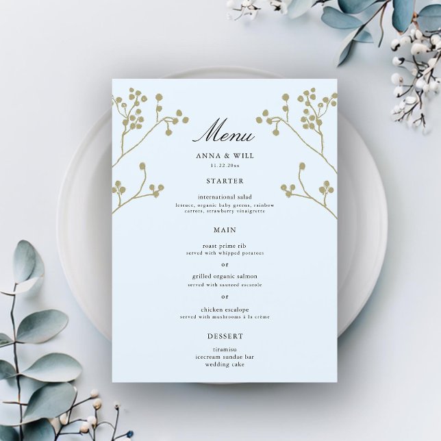 Elegante Moderne Classic Ice Winter Wedding Large Menükarte (winter wedding large menu ice blue gold botanical berries elegant modern classic simple feminine)