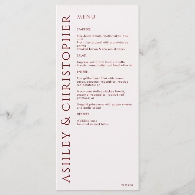 Elegante Moderne Crimson Red Wedding Menükarte (Vorderseite)