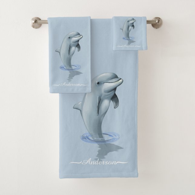 Elegante Moderne Dolphin & Script auf Wondrous Blu Badhandtuch Set (Insitu)
