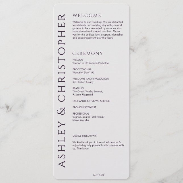 Elegante Moderne Dunkle Lila Hochzeit Programm (Vorderseite)