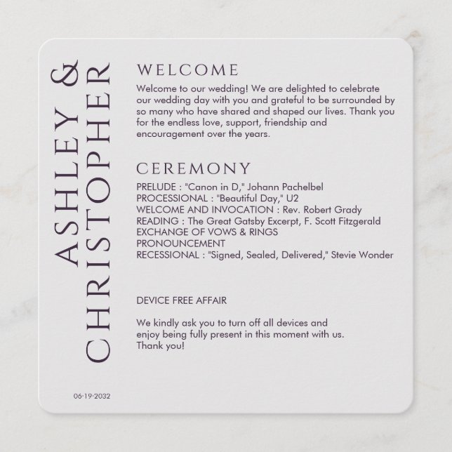 Elegante Moderne Dunkle Lila Hochzeit Programm (Vorderseite)