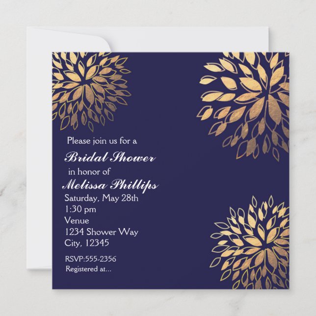 Elegante moderne dunkle Navy Blue Foil Floral Einl Einladung (Vorderseite)