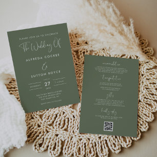 Elegante & moderne dunkle Salbeigrüne Hochzeit Einladung