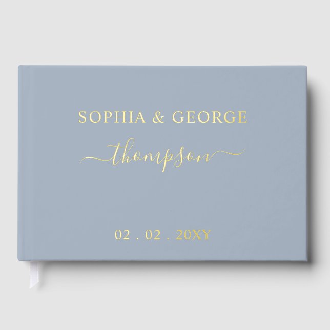 Elegante Moderne Dusty Blue Gold Wedding Gästebuch (Vorderseite)