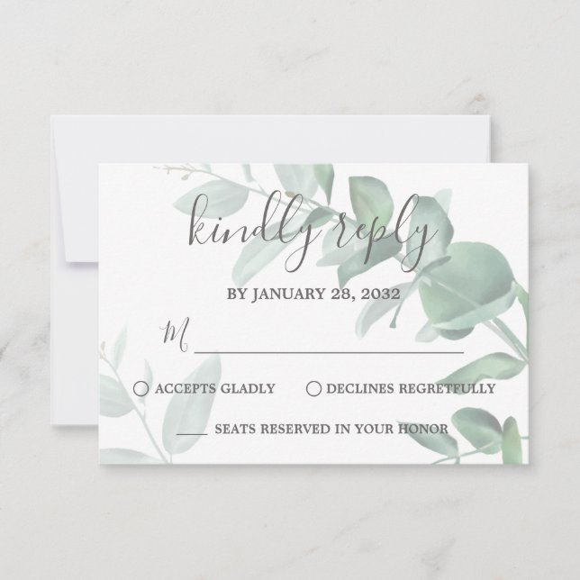 Elegante, moderne Eukalyptus-Grünpflanzen Hochzeit RSVP Karte (Vorderseite)