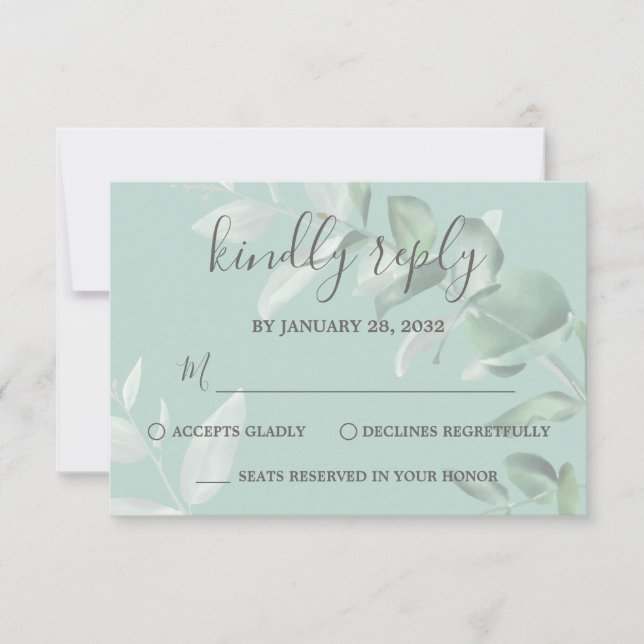 Elegante, moderne Eukalyptus-Grünpflanzen Hochzeit RSVP Karte (Vorderseite)