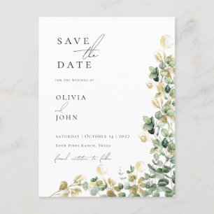 Elegante moderne Eukalyptus Wedding retten das Dat Ankündigungspostkarte