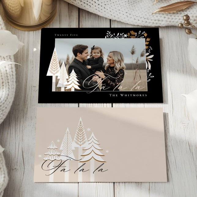 Elegante Moderne Fa La Foto Feiertagskarte (Elegant Modern Joy Photo Evergreen Christmas Tree Holiday Card)