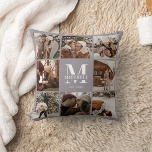 Elegante moderne Familien-Foto-Collage   Monogramm Kissen