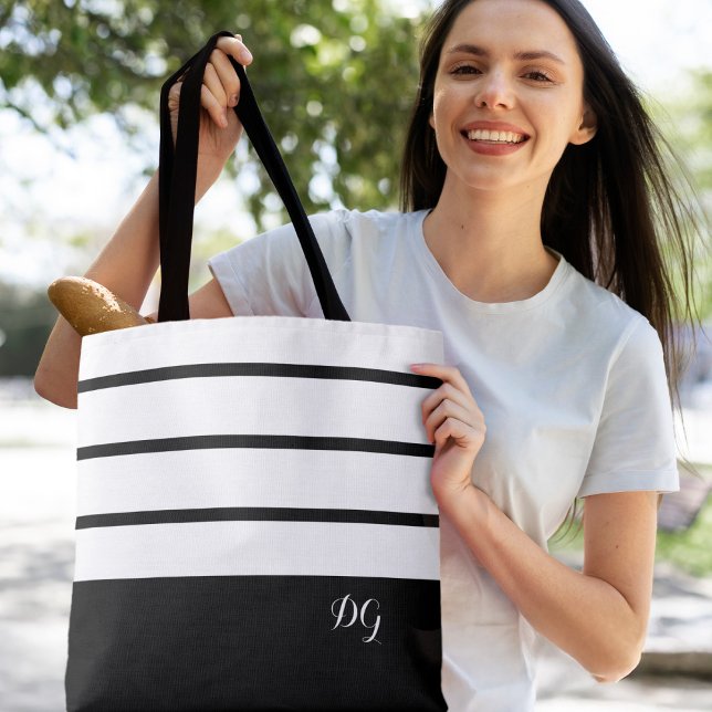 Elegante, moderne, fette Streifen Monogramm-Initia Tasche (Elegant Modern Bold Stripes  Monogrammed Initials Black & White Canvas Shopping  Stylish Tote Bag
)