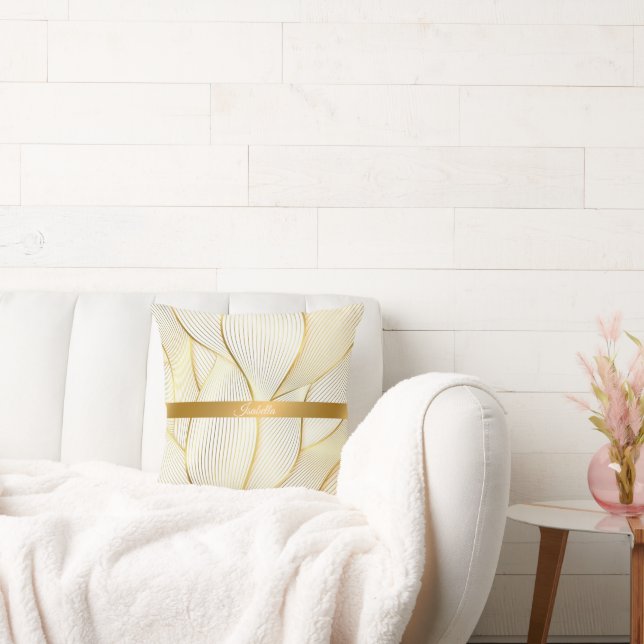 Elegante, moderne Floral Gold White Line Kollektio Kissen (Liege)