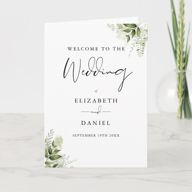 Elegante moderne florale Grün-Hochzeit  Programm (Vorderseite)