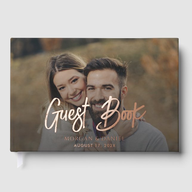 Elegante Moderne Foto Script Rose Gold Foil Hochze Gästebuch (Vorderseite)