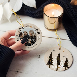 Elegante Moderne Freude Foto Evergreen Christmas T Keramik Ornament