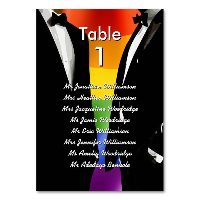 Elegante moderne Gay Men Wedding Rainbow Gästelist Tischnummer (Vorderseite)