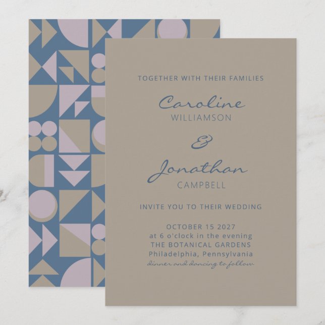 Elegante moderne geometrische Dusty Blue Taupe Hoc Einladung (Vorne/Hinten)