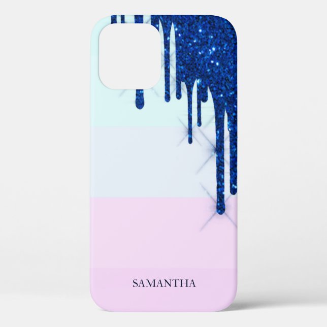 Elegante moderne gestreifte, blaue Glitzer-Tropfen Case-Mate iPhone Hülle (Rückseite)