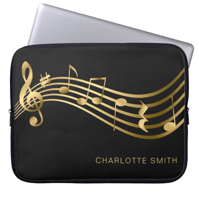 Elegante Moderne Gold & Black Musiknoten Laptopschutzhülle (Vorderseite)