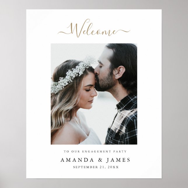 Elegante, moderne Gold Foto Engagement Party Willk Poster (Vorne)