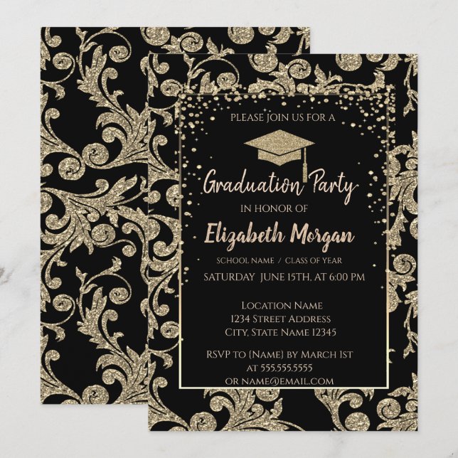 Elegante moderne Gold Glitzer Graduation Cap,Wirbe Einladung (Vorne/Hinten)