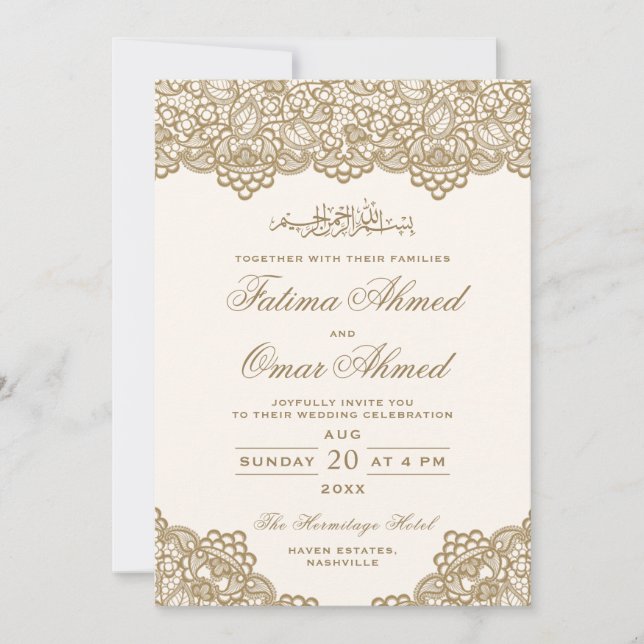 Elegante moderne Gold Lace Cream Islamische Muslim Einladung (Vorderseite)