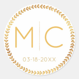 Elegante Moderne Gold Rustic Wreath Monogram Weddi Runder Aufkleber