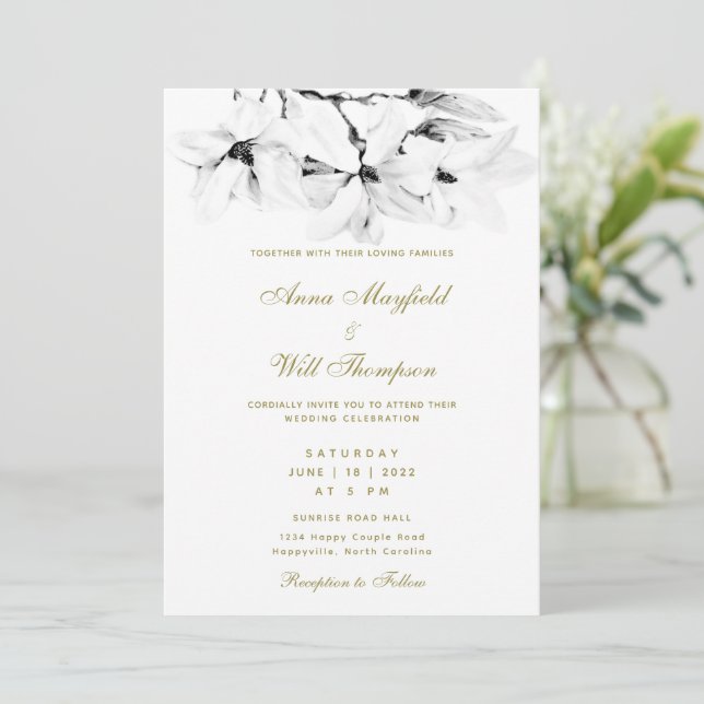 Elegante Moderne goldene Klassik Weiße Magnolia Ho Einladung (Stehend Vorderseite)