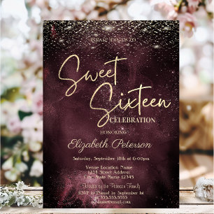 Elegante moderne goldene Sterne Burgunder Sweet 16 Einladung