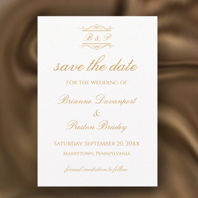 Elegante moderne goldene und weiße Monogramm-Hochz Save The Date (Personalize this save the date template for an elegant simple golden monogram wedding invitation.
)
