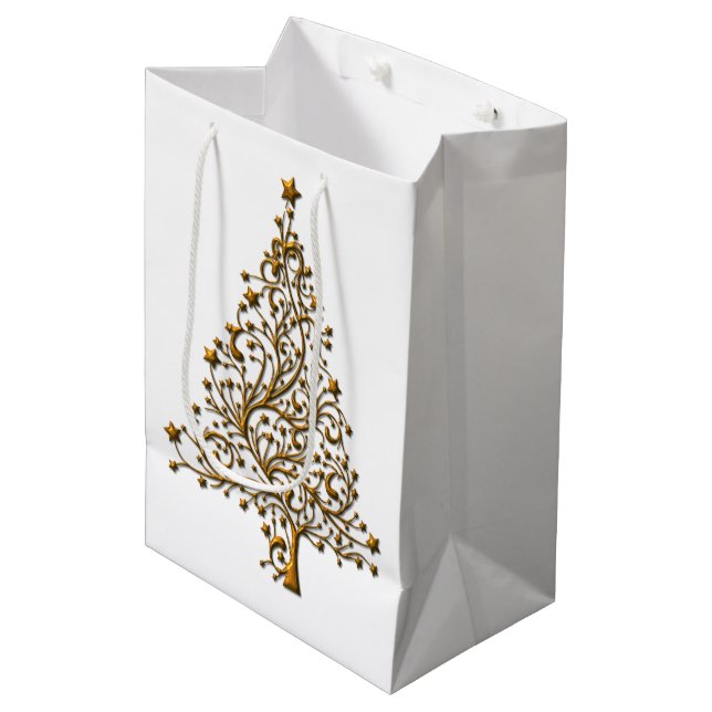 Elegante Moderne Goldene Weihnachtsbaume Mittlere Geschenktüte (Vorderseite Schrägansicht)