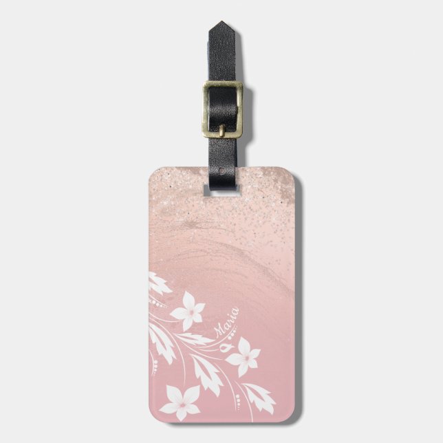 Elegante moderne Gradienten Rose Gold Glitzer Blüt Gepäckanhänger (Vorderseite vertikal)
