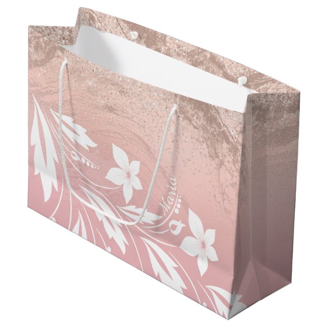 Elegante moderne Gradienten Rose Gold Glitzer Blüt Große Geschenktüte (Vorderseite Schrägansicht)