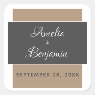 Elegante moderne graue beige Typografie-Hochzeit Quadratischer Aufkleber