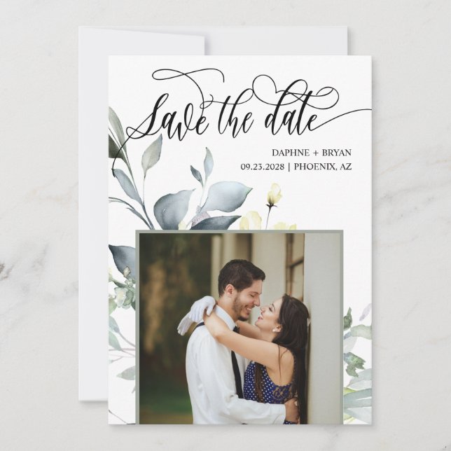 Elegante moderne grüne Blätter QR Code Foto Hochze Save The Date (Vorderseite)