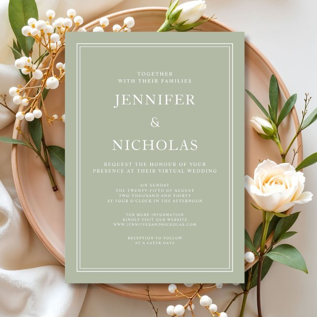 Elegante, moderne, grüne virtuelle Hochzeit Einladung (Elegant Modern Sage Green Virtual Wedding Invitation)