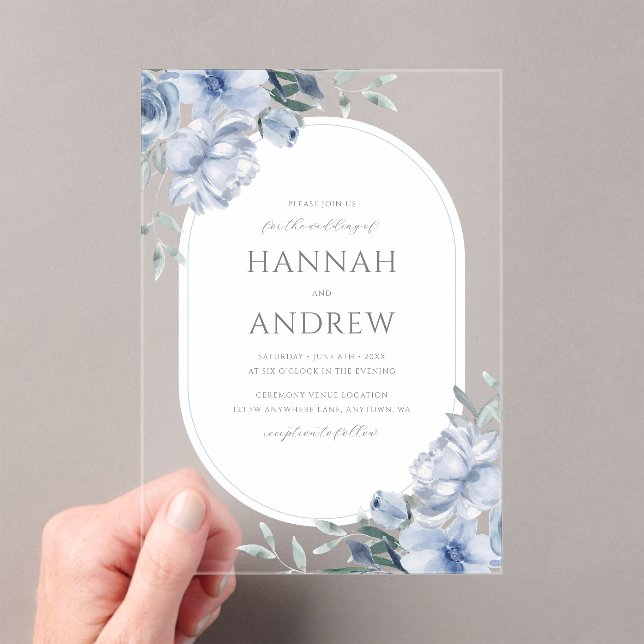 Elegante Moderne Hochzeit von Blauer Flora Acryleinladungen (Insitu (Handheld))