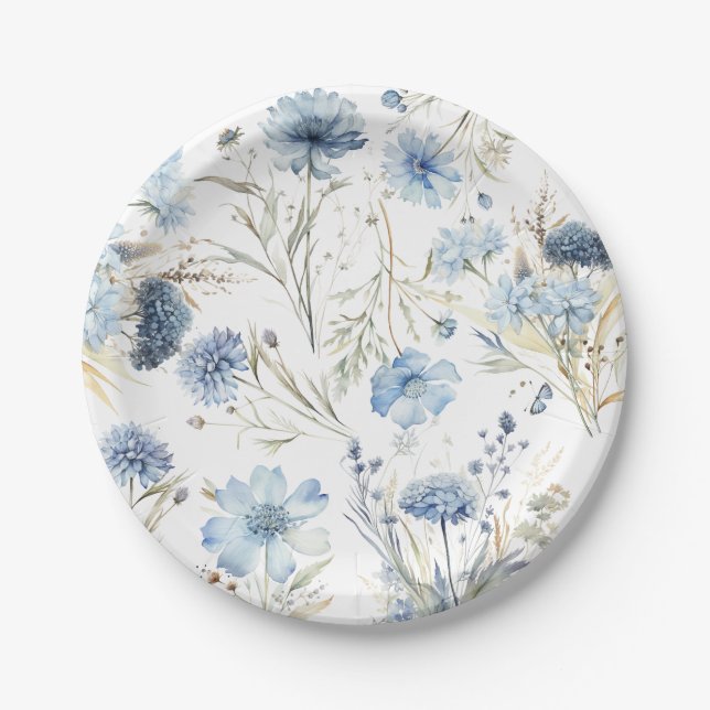 Elegante Moderne Hochzeit von Blauer Flora Pappteller (Vorderseite)