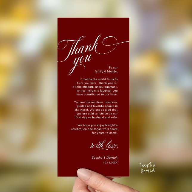 Elegante moderne Hochzeitsplatz-Karten-Dankeschön- Programm (Classy Modern Wedding Place Setting Thank You Card in Burgundy Wine Red)